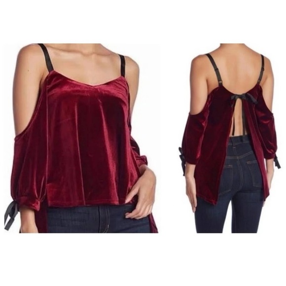 #19…$155. Romeo and Juliet Couture Burgundy Velvet Cold Shoulder Open Back - Picture 8 of 8
